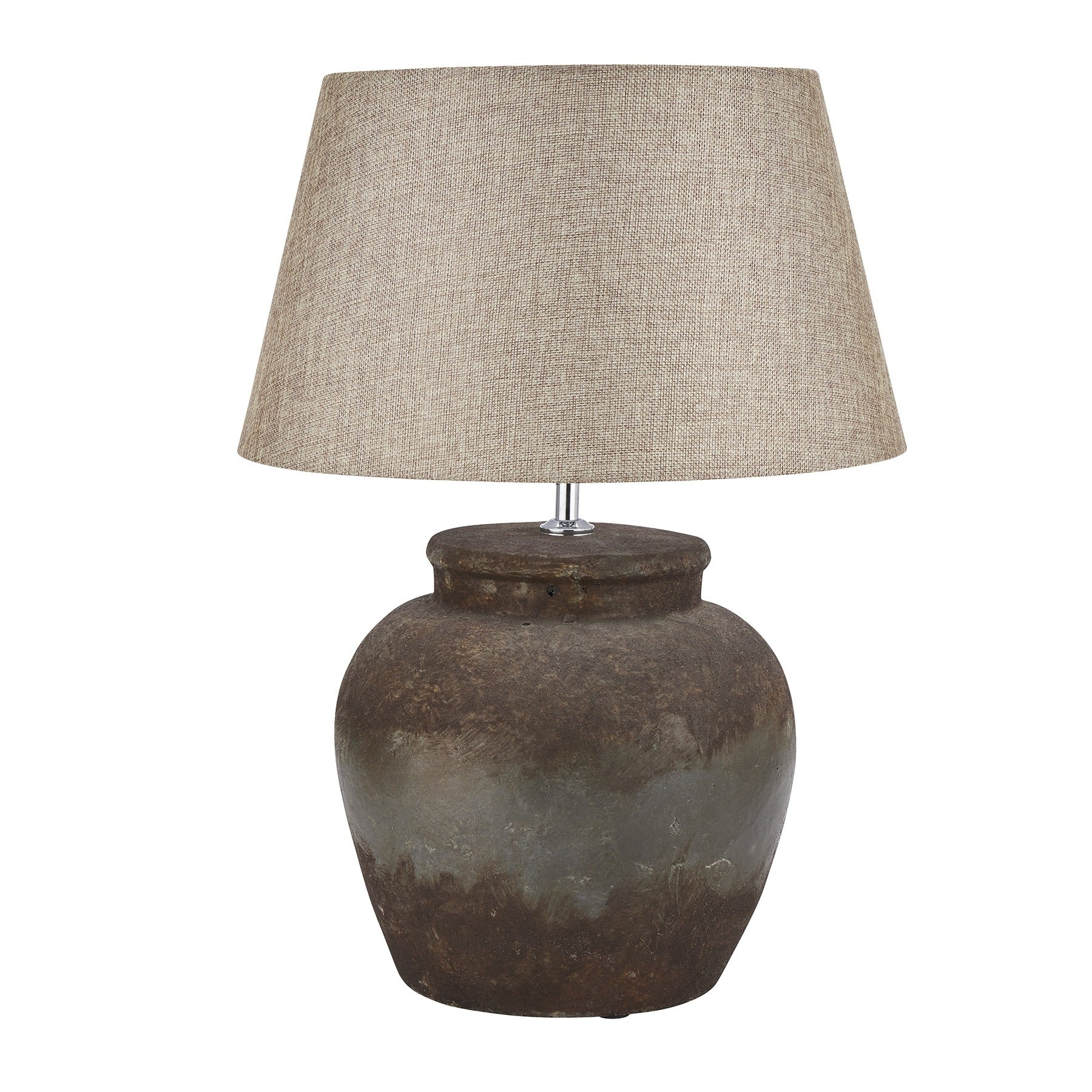 Table lamp with textured brown base and beige lampshade on a white background