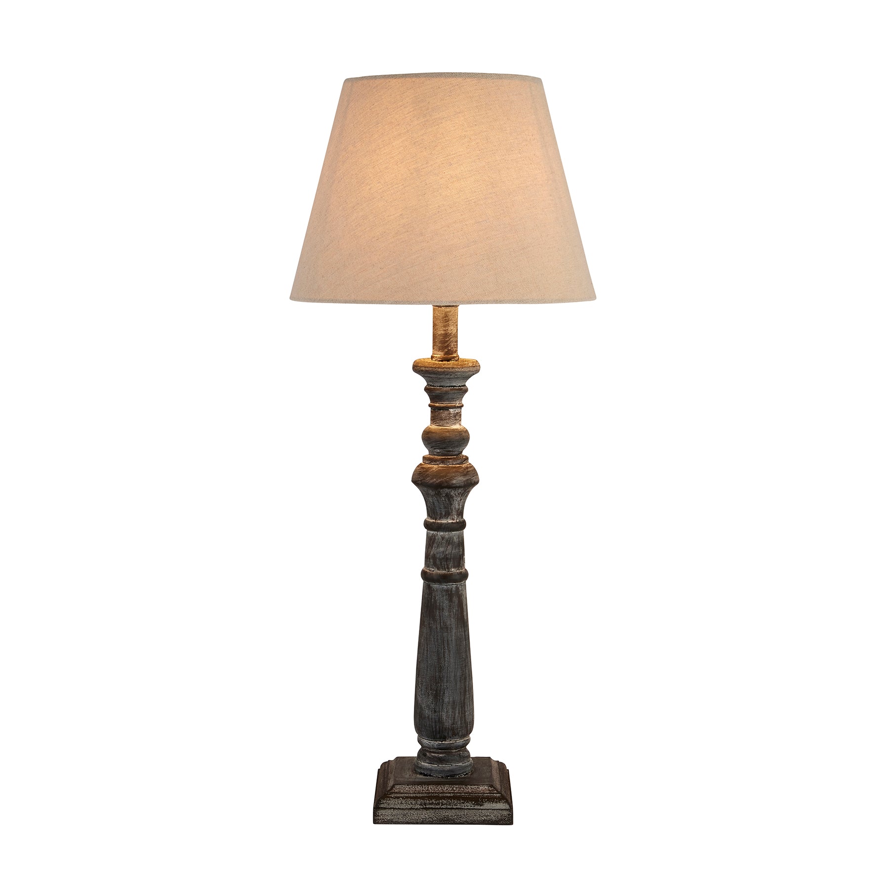 Table lamp with a wooden base and beige lampshade on a white background