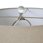 Close-up of a lampshade with a beige shade and metallic base.