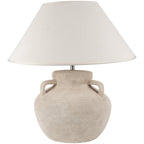 Beige table lamp with a white shade on a white background