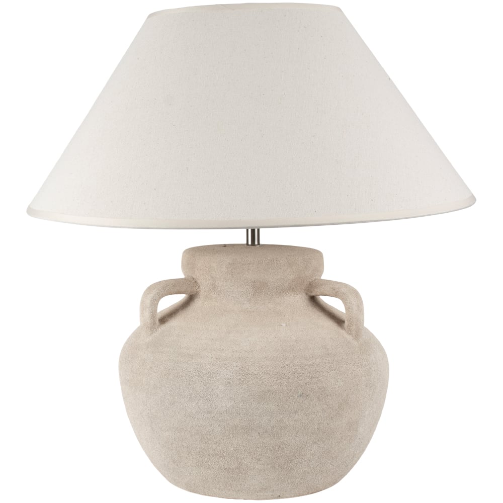 Beige table lamp with a white shade on a white background