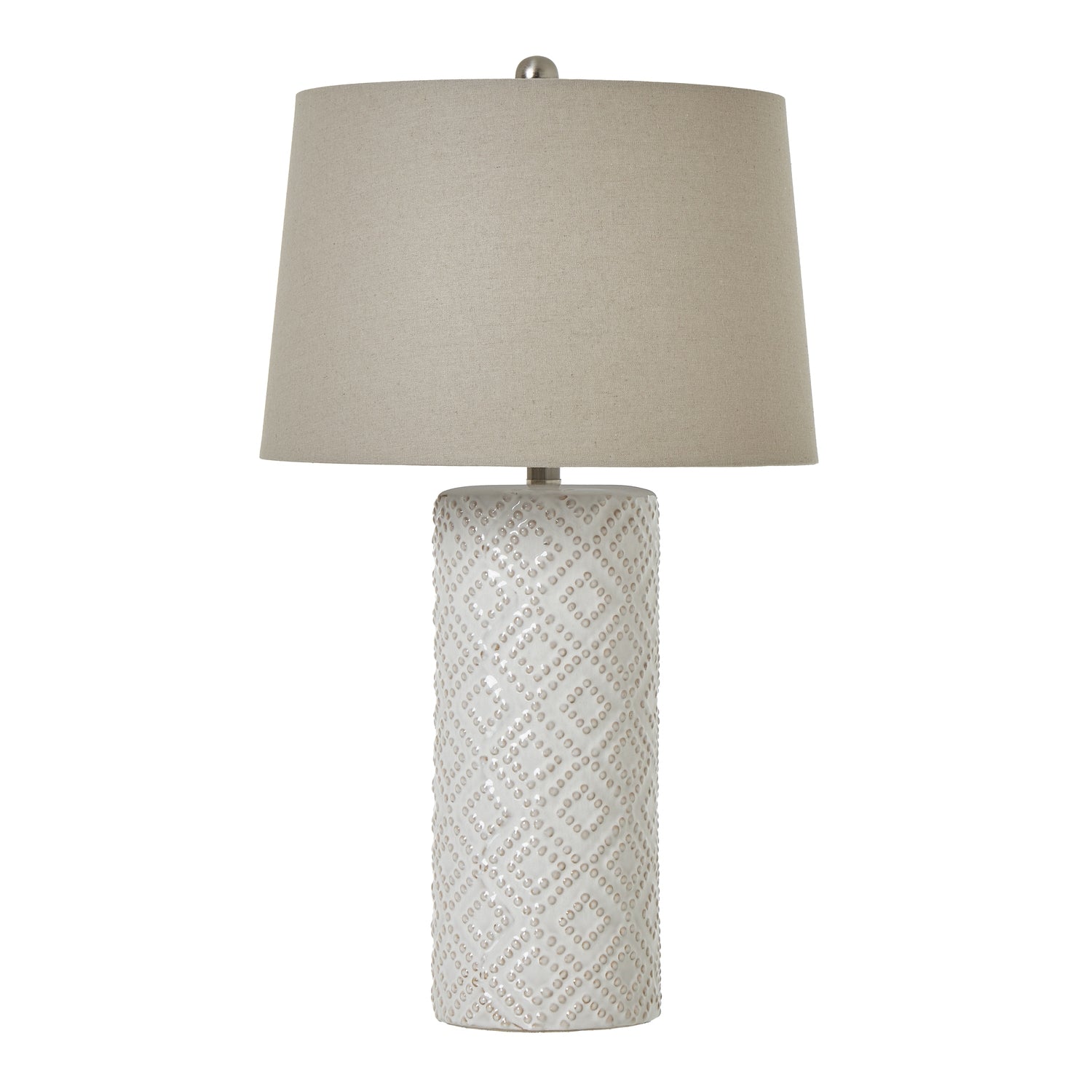 Table lamp with textured white base and cream lampshade on a white background