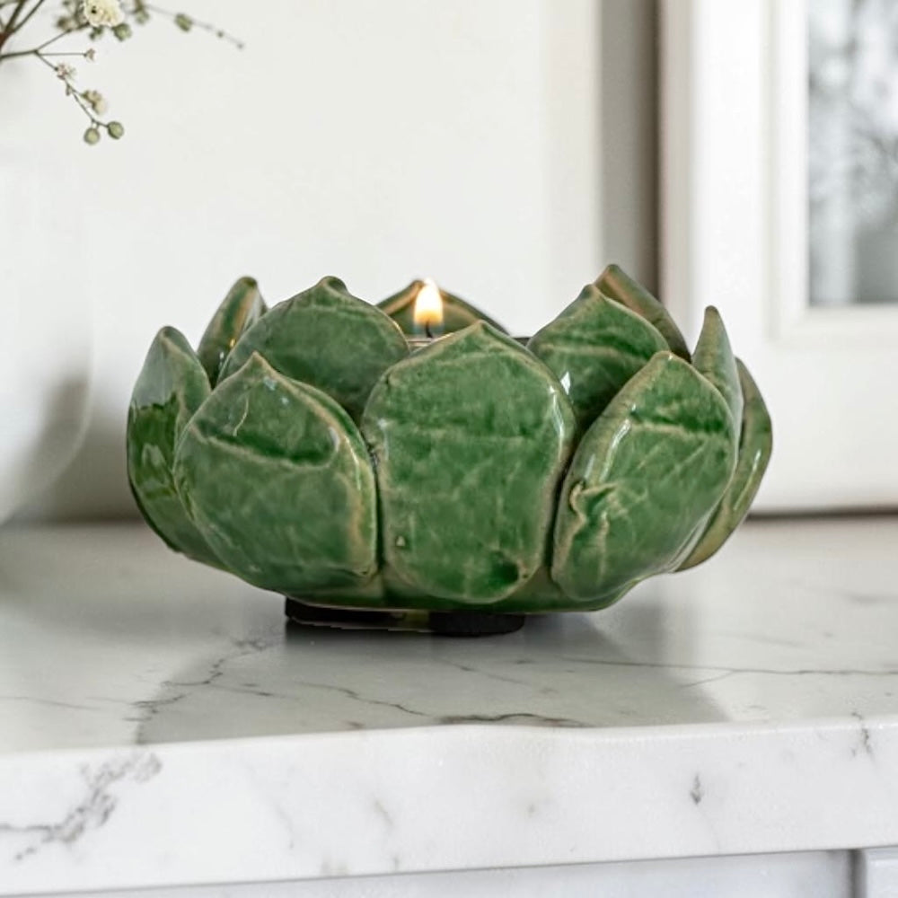 Green Artichoke Ceramic Tealight Candle Holder
