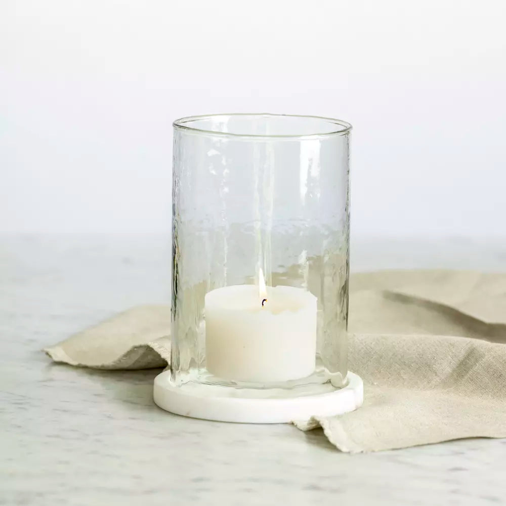 Hammered Glass Lantern With White Marble Base