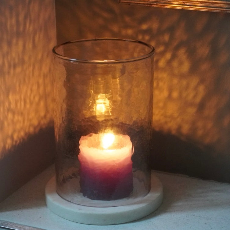 Hammered Glass Lantern With White Marble Base