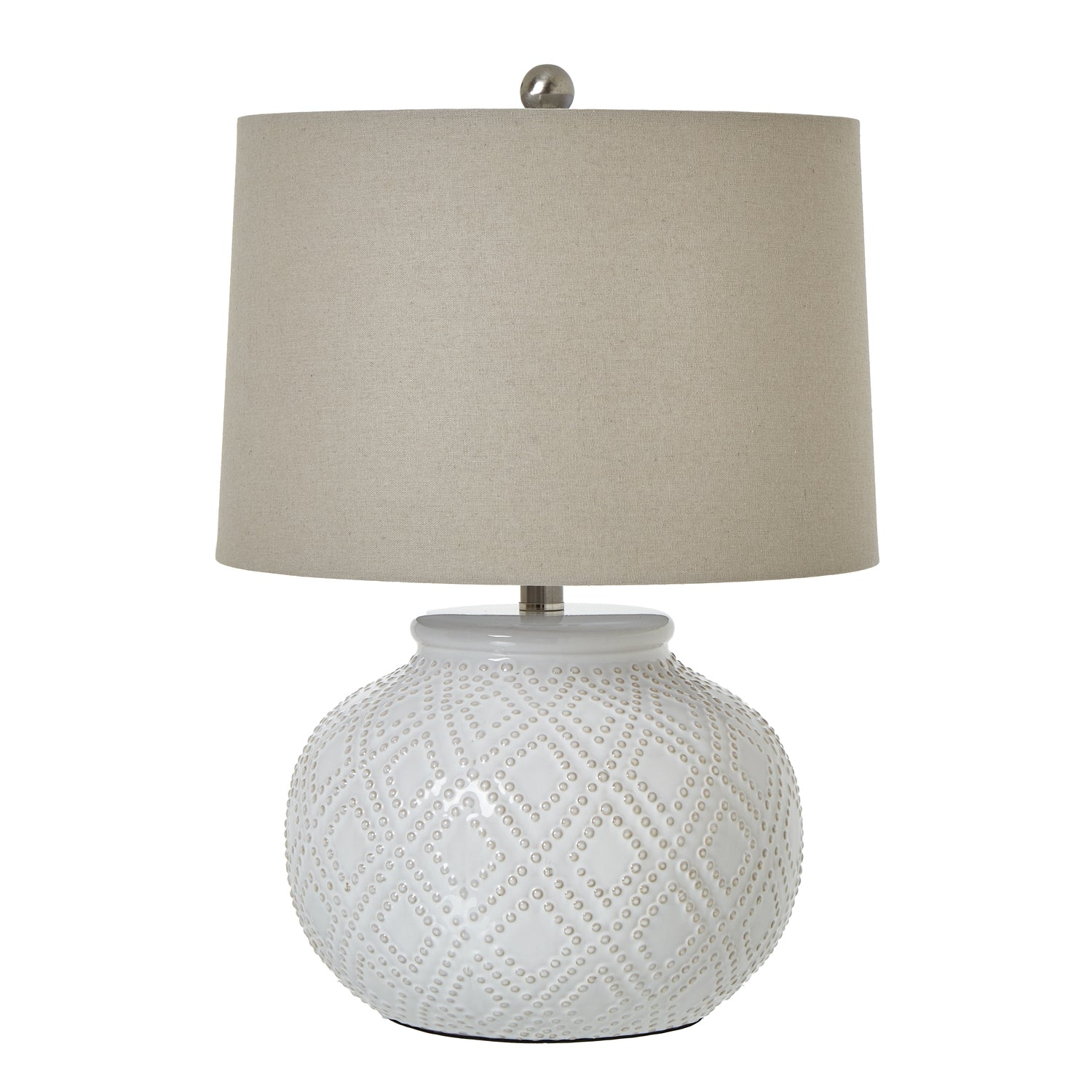Table lamp with textured white base and cream lampshade on a white background