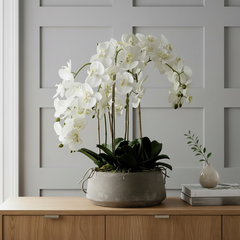 Large White Orchid in Stone Pot