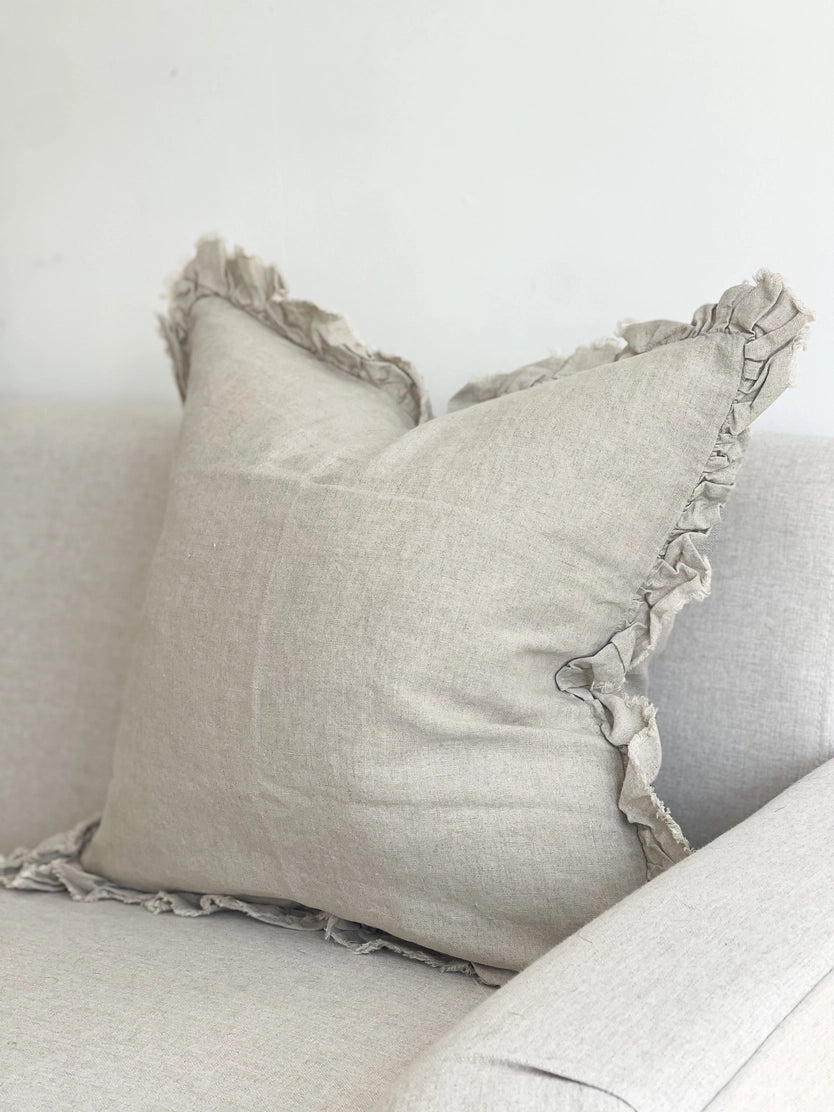 Linelle Ruffled Linen Cushion 45cm x 45cm – Natural Beige