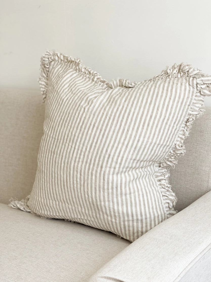 Linelle Ruffled Linen Cushion 45cm x 45cm – Natural Beige Stripe
