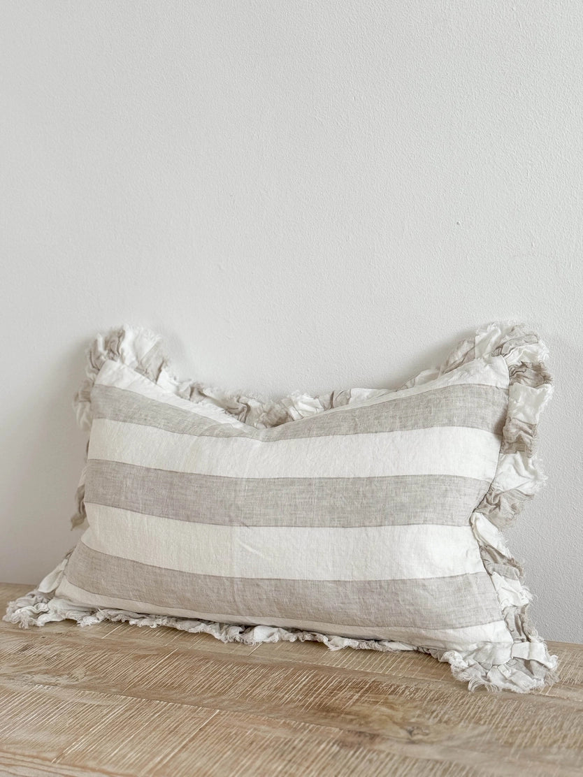 Linelle Ruffled Linen Cushion 50cm x 30cm – Beige & Cream Wide Stripe