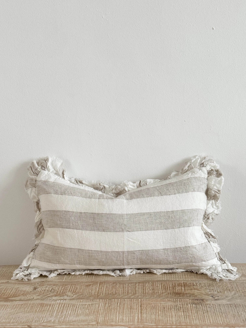 Linelle Ruffled Linen Cushion 50cm x 30cm – Beige & Cream Wide Stripe