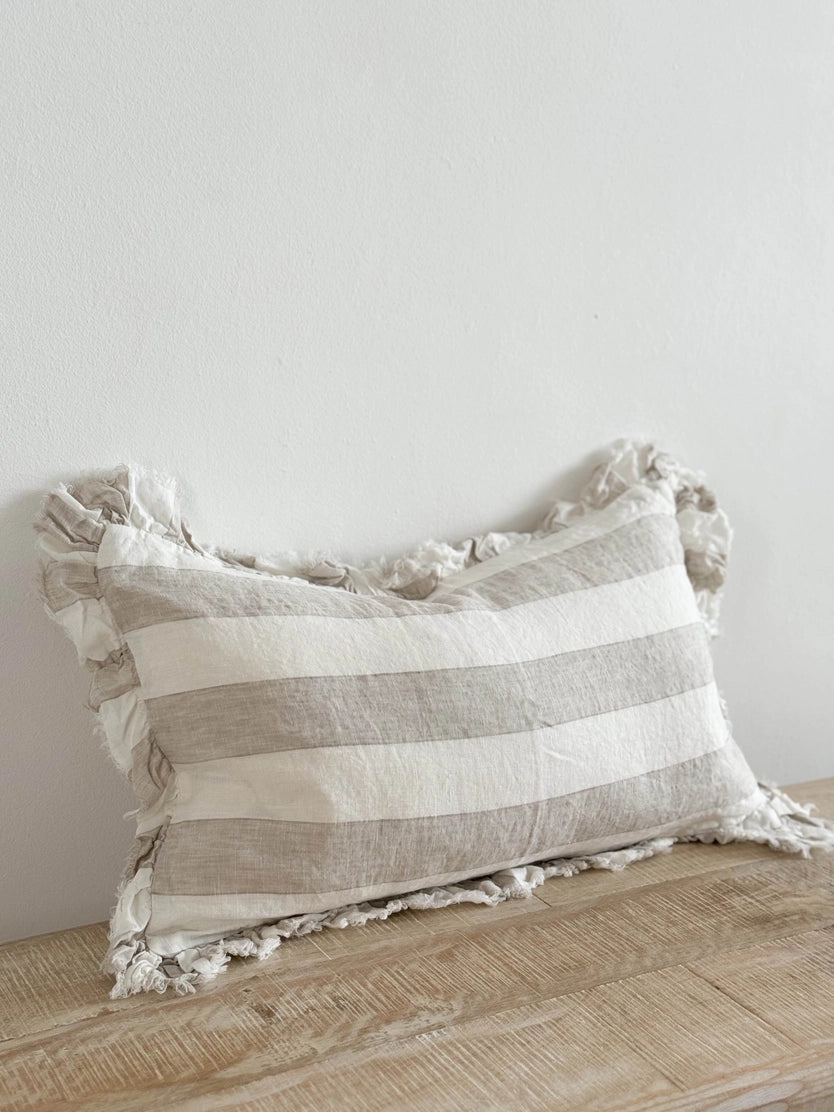 Linelle Ruffled Linen Cushion 50cm x 30cm – Beige & Cream Wide Stripe