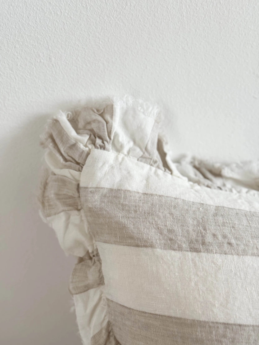 Linelle Ruffled Linen Cushion 50cm x 30cm – Beige & Cream Wide Stripe