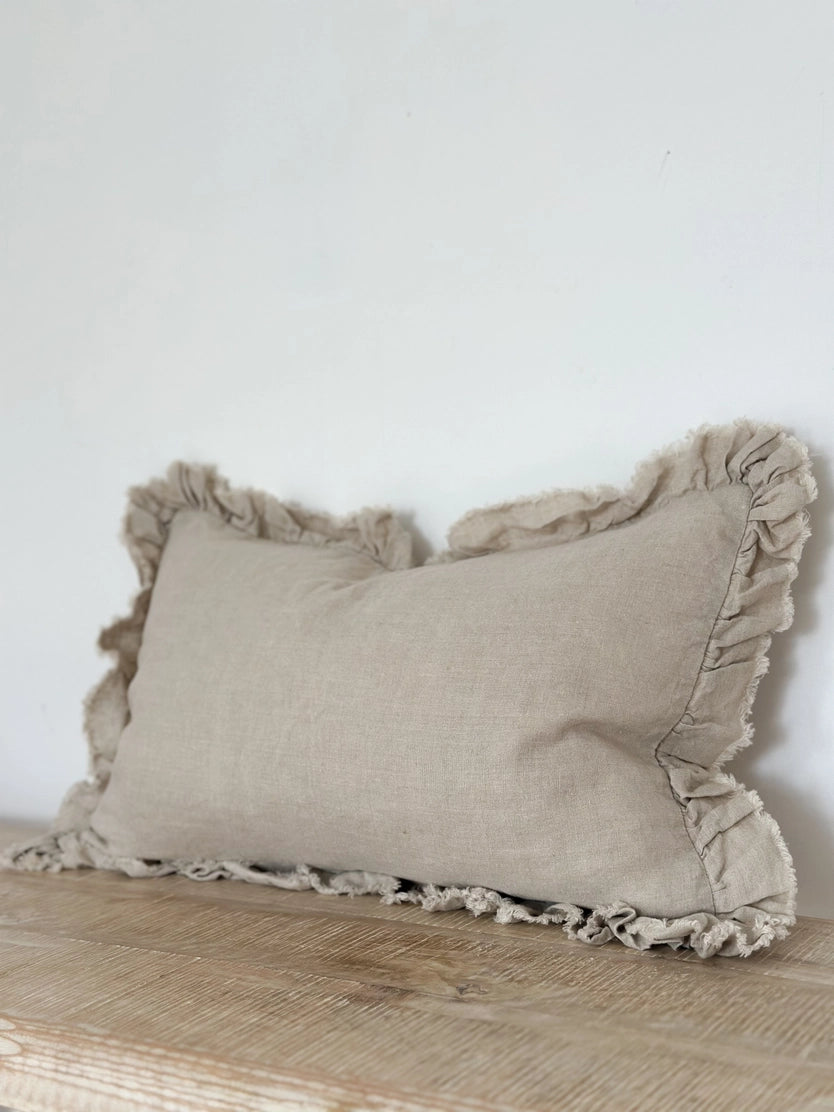 Linelle Ruffled Linen Cushion 50cm x 30cm – Natural Beige