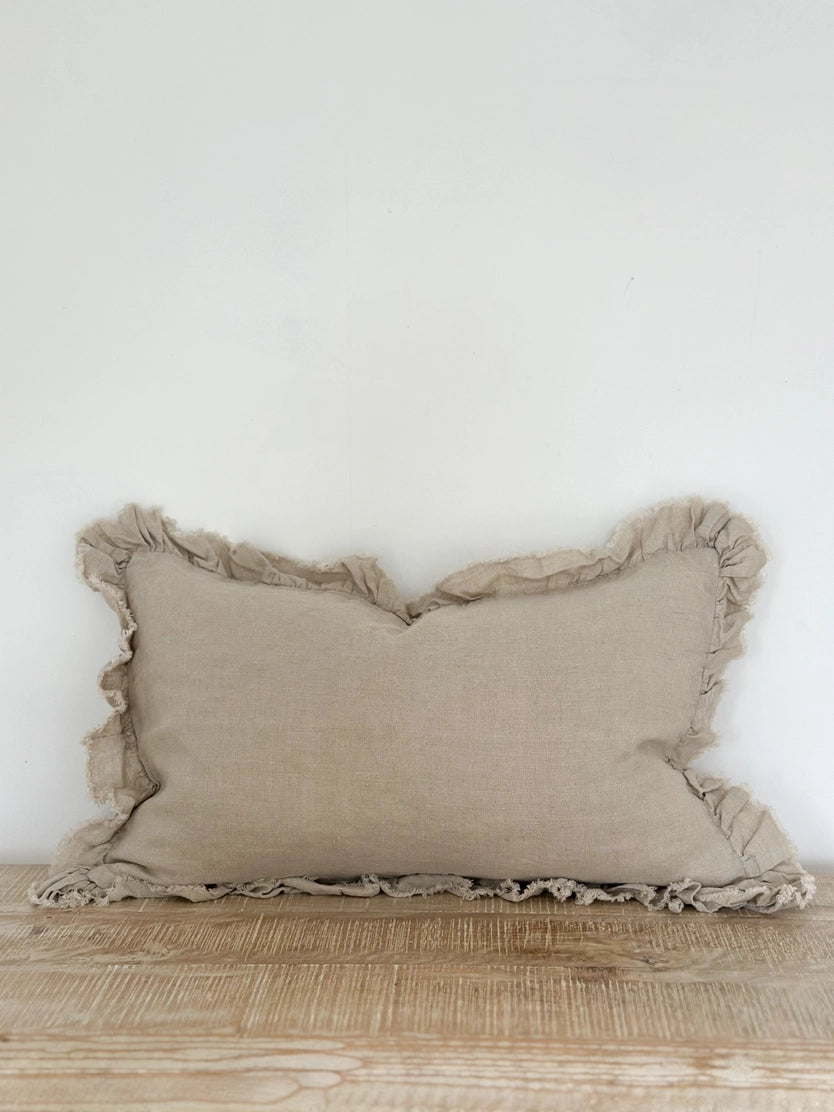 Linelle Ruffled Linen Cushion 50cm x 30cm – Natural Beige
