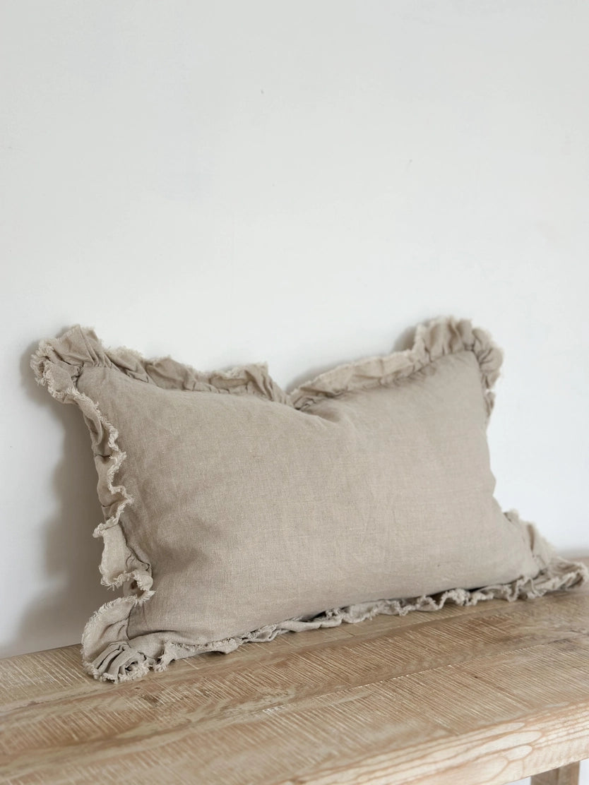 Linelle Ruffled Linen Cushion 50cm x 30cm – Natural Beige