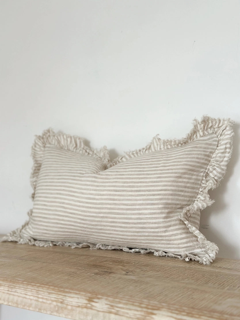 Linelle Ruffled Linen Cushion 50cm x 30cm – Natural Beige Stripe