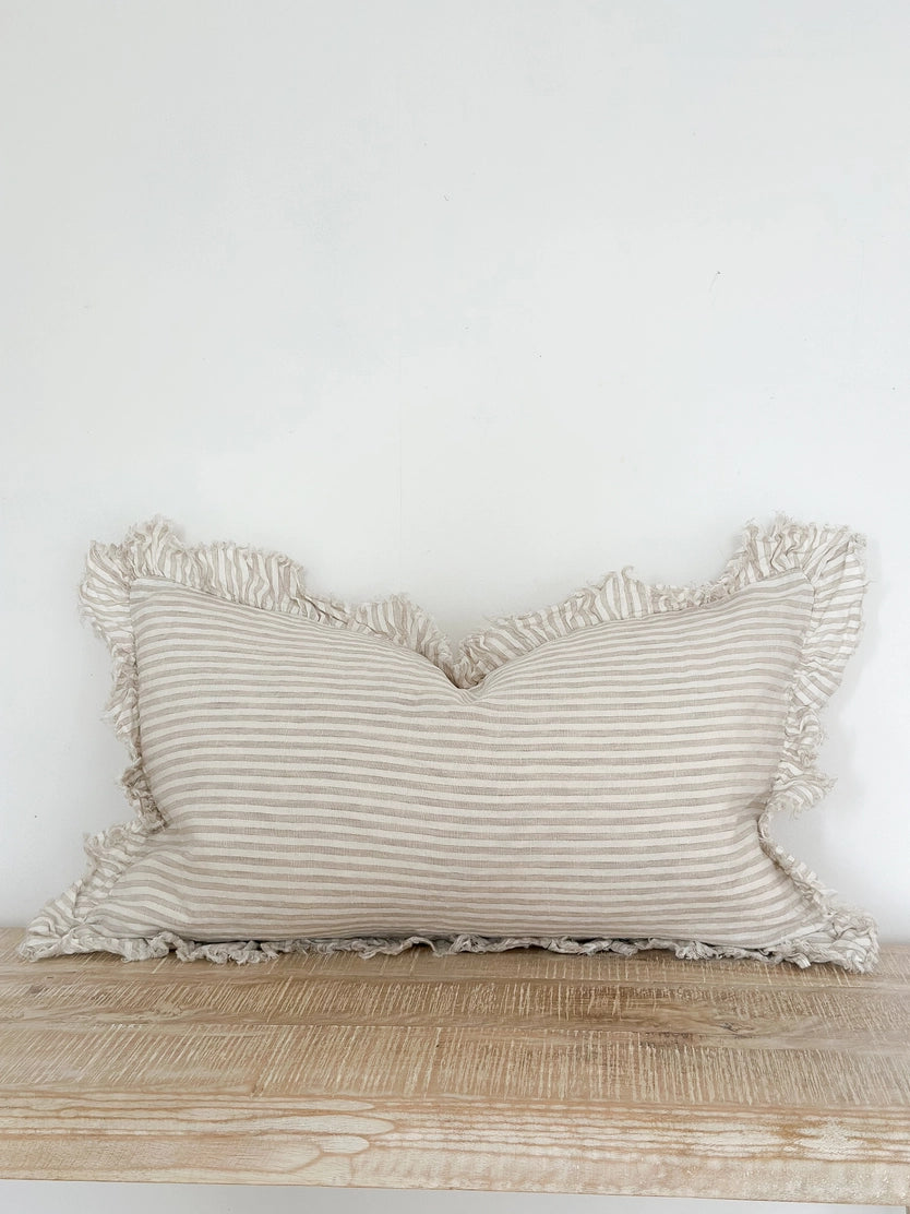 Linelle Ruffled Linen Cushion 50cm x 30cm – Natural Beige Stripe