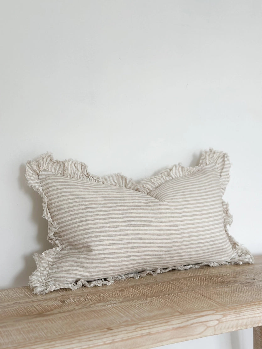 Linelle Ruffled Linen Cushion 50cm x 30cm – Natural Beige Stripe