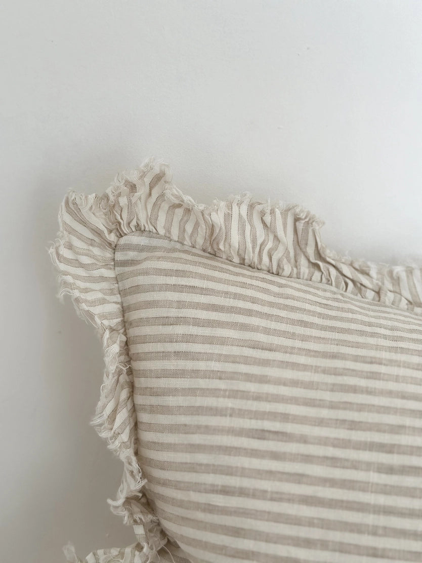 Linelle Ruffled Linen Cushion 50cm x 30cm – Natural Beige Stripe