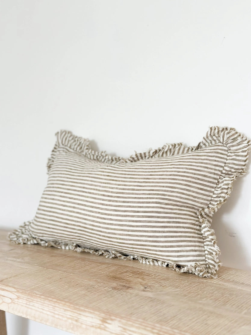 Linelle Ruffled Linen Cushion 50cm x 30cm – Olive Stripe