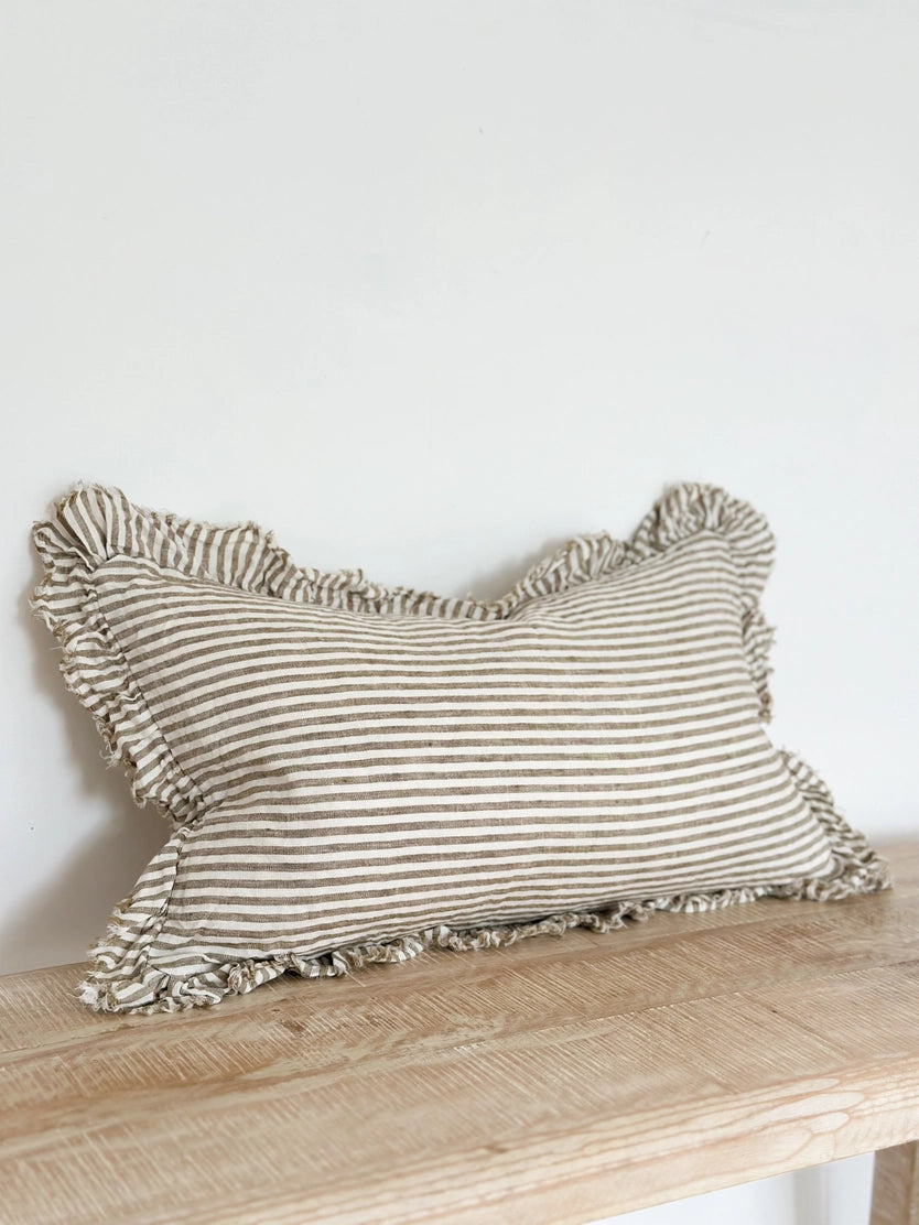 Linelle Ruffled Linen Cushion 50cm x 30cm – Olive Stripe