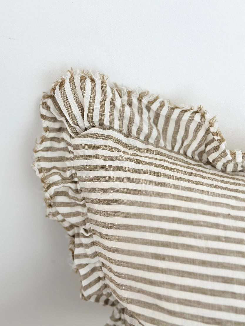 Linelle Ruffled Linen Cushion 50cm x 30cm – Olive Stripe