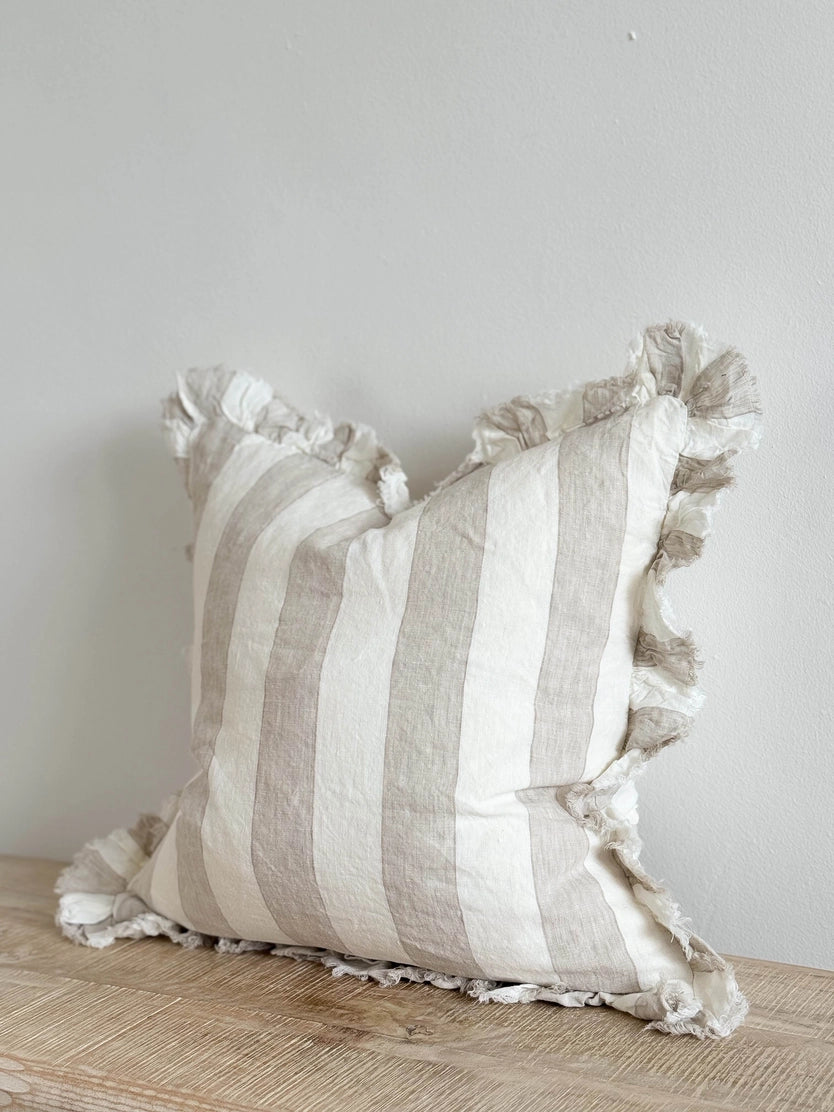 Linelle Ruffled Linen Cushion 53cm x 53cm – Beige & Cream Wide Stripe