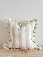 Linelle Ruffled Linen Cushion 53cm x 53cm – Beige & Cream Wide Stripe