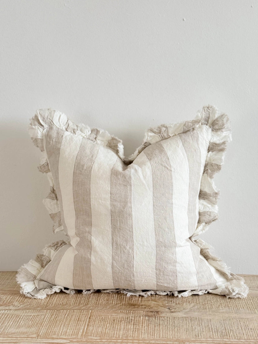 Linelle Ruffled Linen Cushion 53cm x 53cm – Beige & Cream Wide Stripe