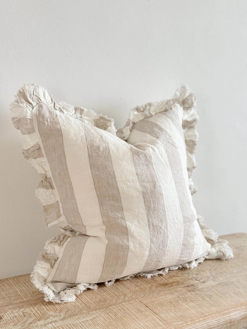 Linelle Ruffled Linen Cushion 53cm x 53cm – Beige & Cream Wide Stripe