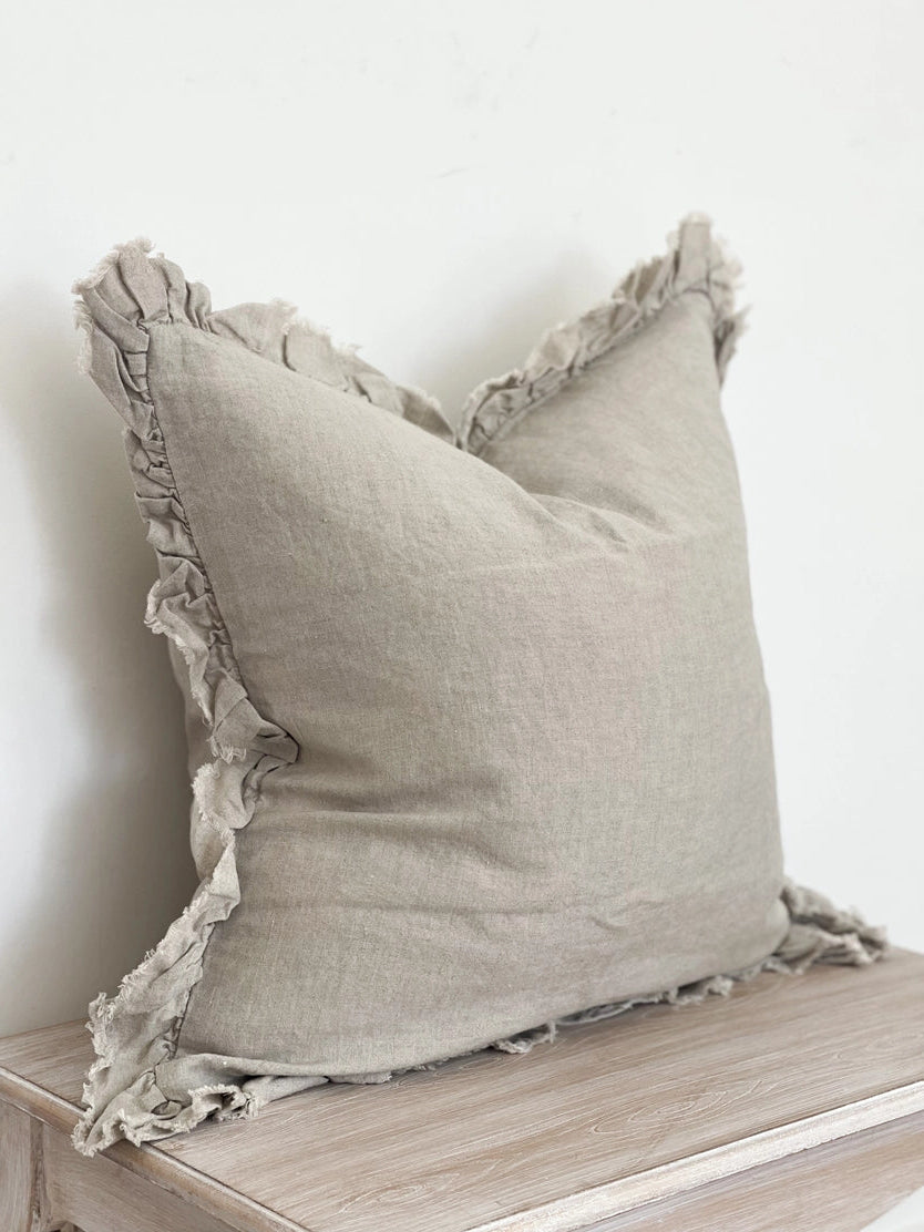 Linelle Ruffled Linen Cushion 53cm x 53cm – Natural Beige