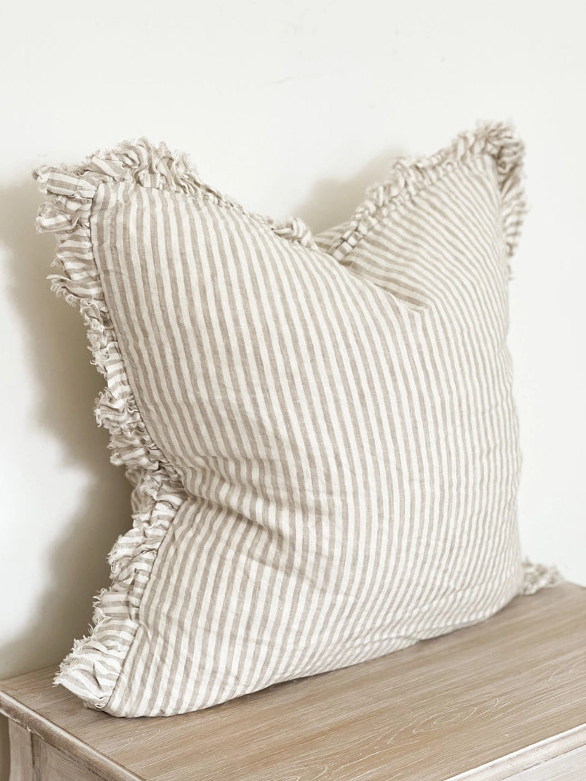 Linelle Ruffled Linen Cushion 53cm x 53cm – Natural Beige Stripe