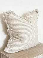 Linelle Ruffled Linen Cushion 53cm x 53cm – Natural Beige Stripe