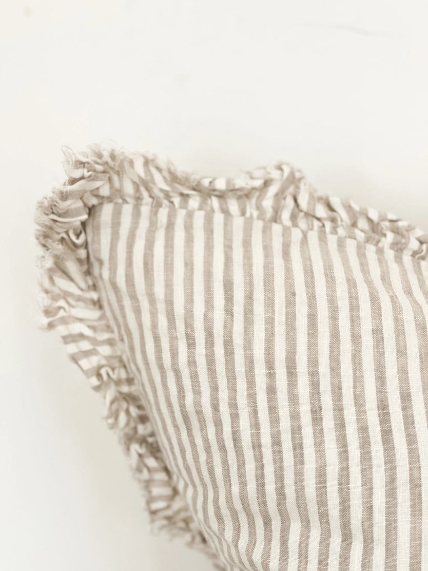 Linelle Ruffled Linen Cushion 53cm x 53cm – Natural Beige Stripe