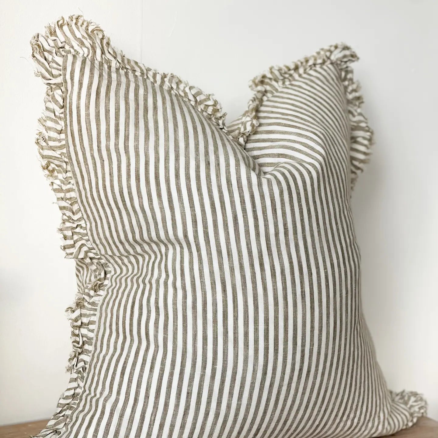 Linelle Ruffled Linen Cushion 53cm x 53cm – Olive Stripe