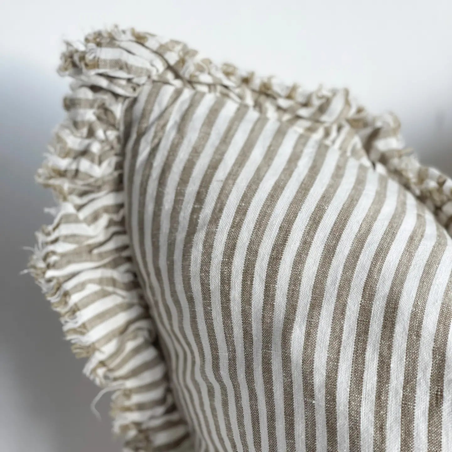 Linelle Ruffled Linen Cushion 53cm x 53cm – Olive Stripe