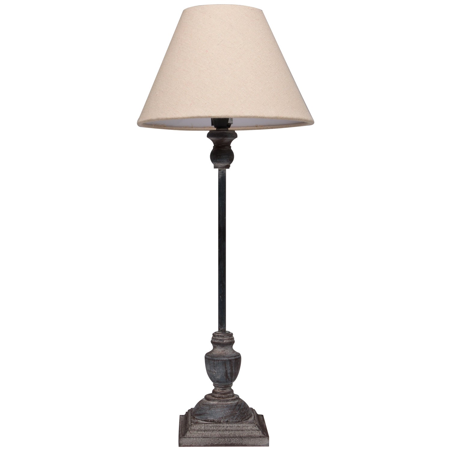 Table lamp with beige shade and metal base on a white background