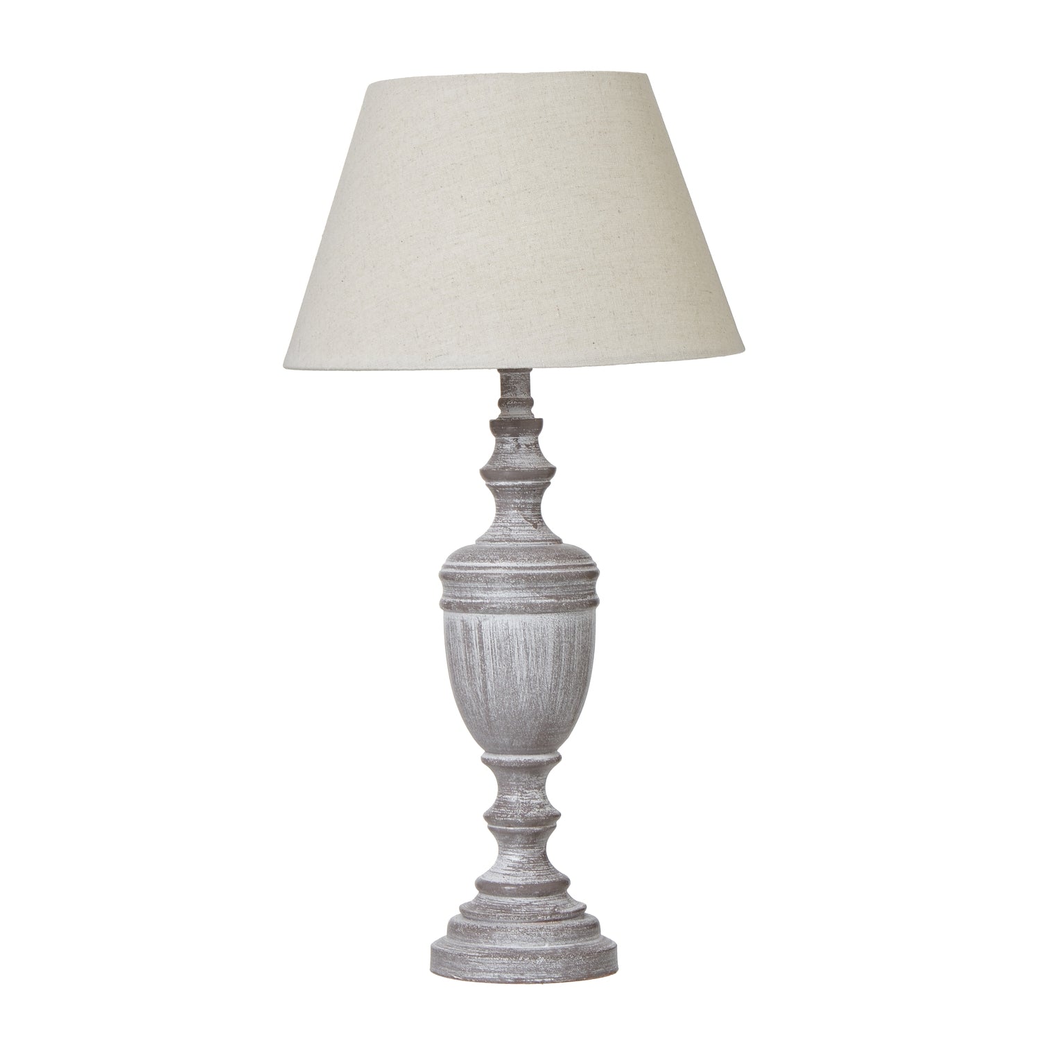 Wooden table lamp with a textured grey base and cream lampshade on a white background