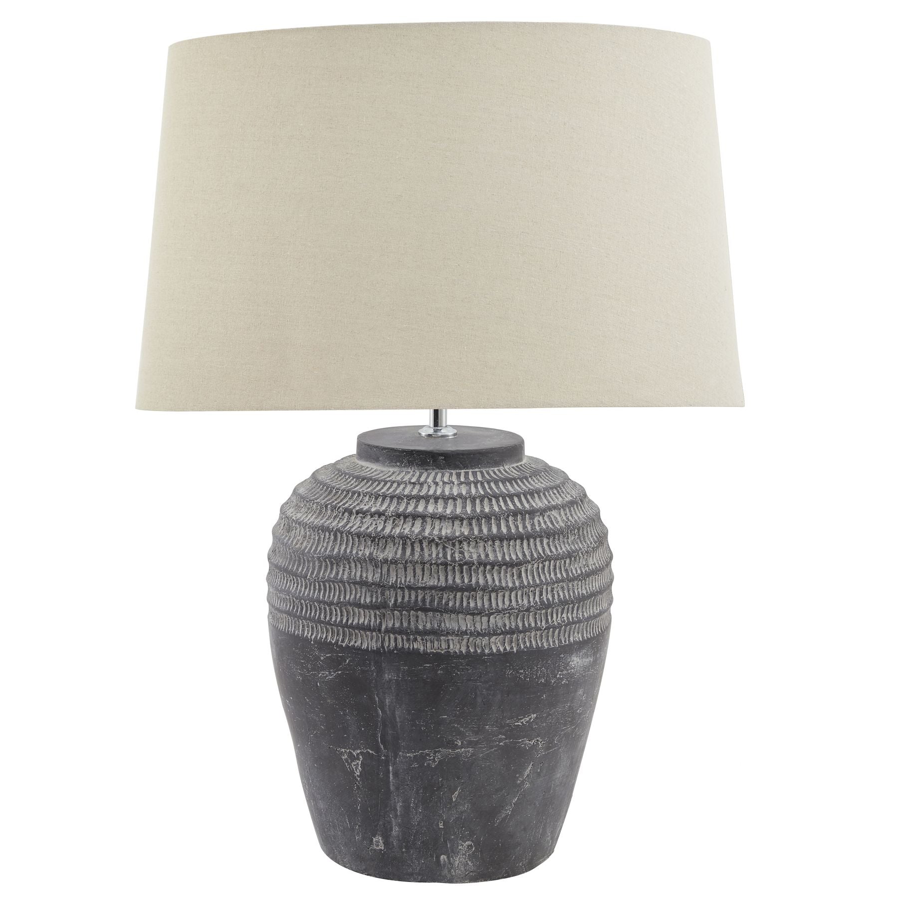 Table lamp with textured dark grey base and cream lampshade on a white background