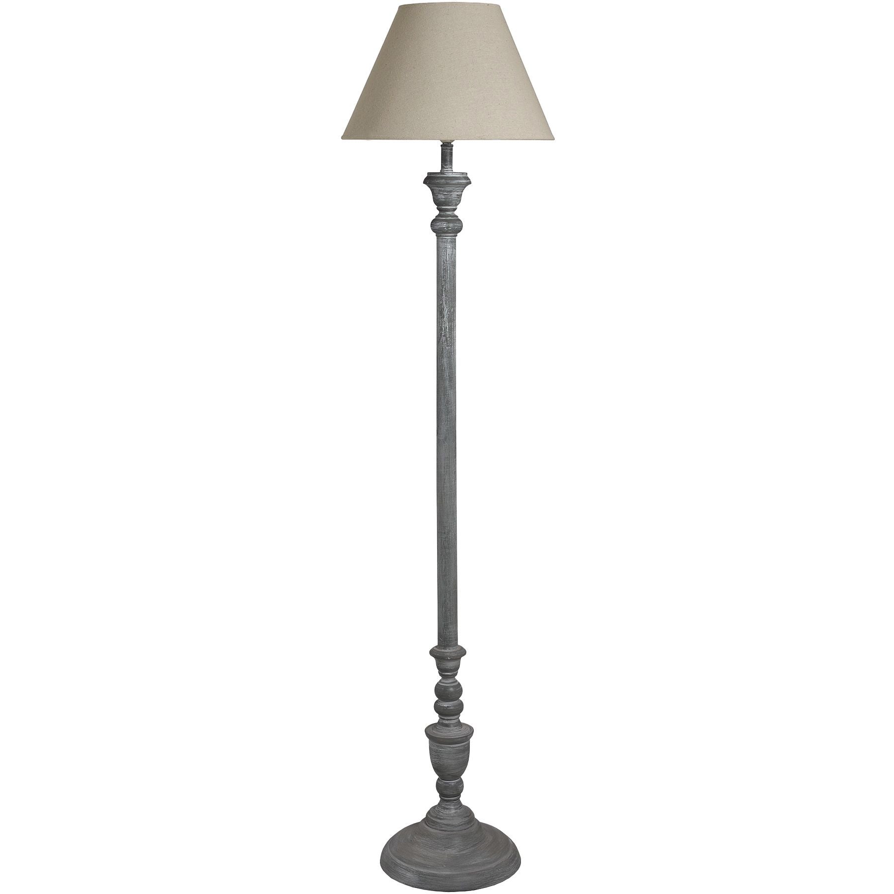 Floor lamp with a grey base and cream lampshade on a white background