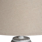 Close-up of a cream lampshade with a grey floor lamp base on a white background