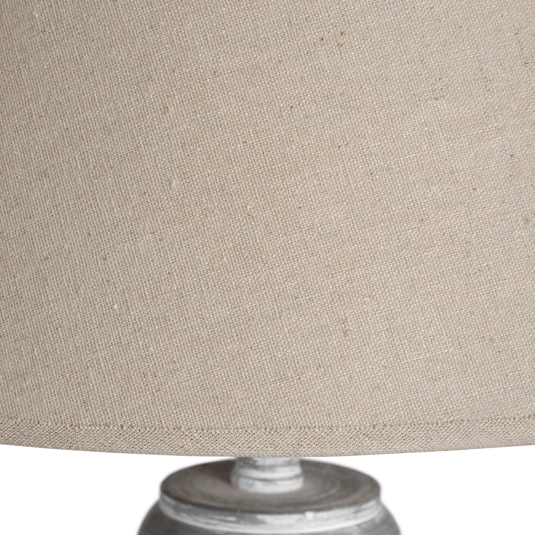 Close-up of a cream lampshade with a grey floor lamp base on a white background