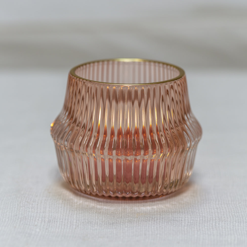 Blush Pink Ribbed Votive with Gold Rim