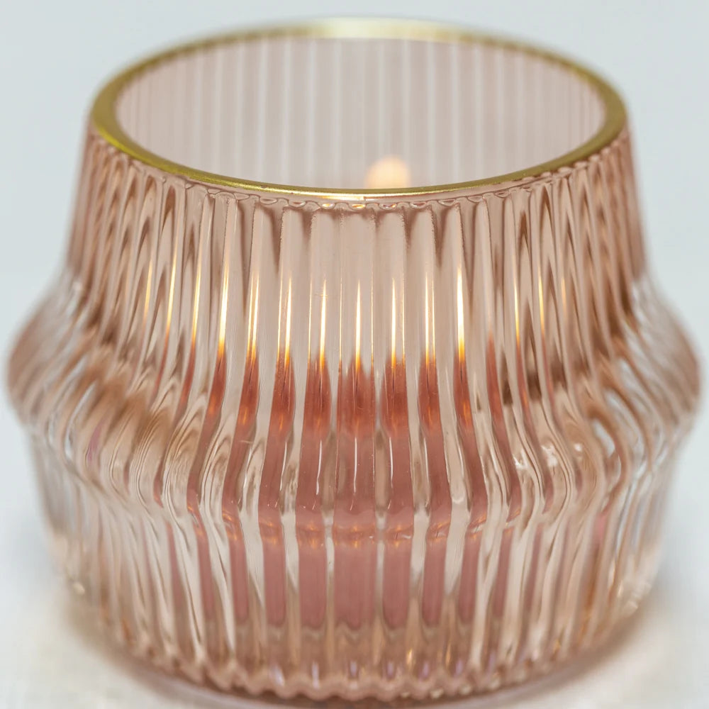 Blush Pink Ribbed Votive with Gold Rim