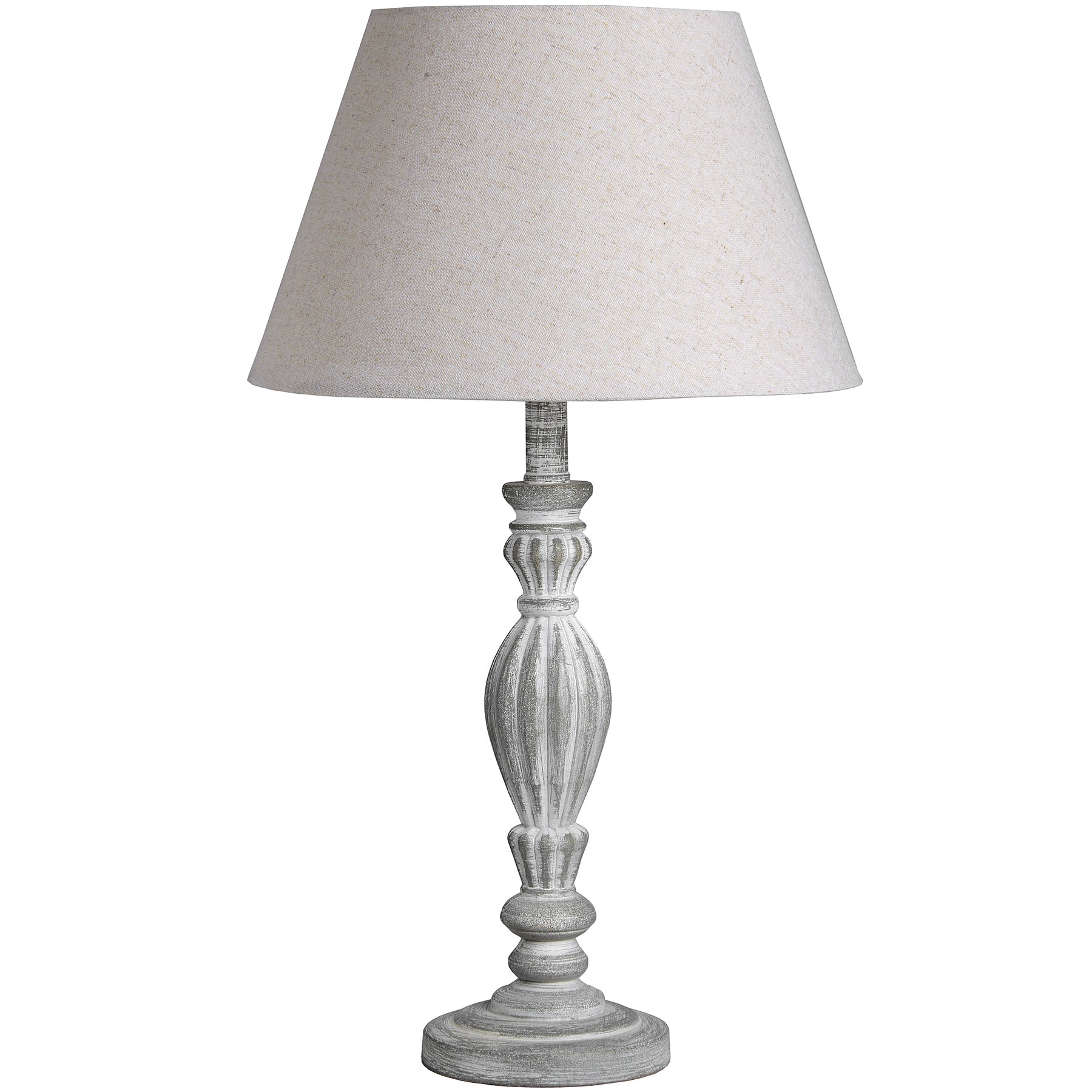 Table lamp with a grey base and cream lampshade on a white background