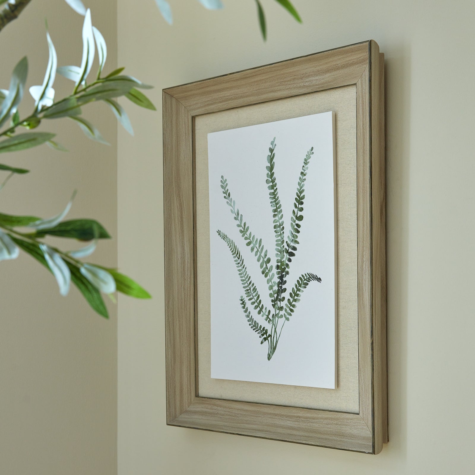 Watercolour Delicate Fern Print in Washed Wood Frame