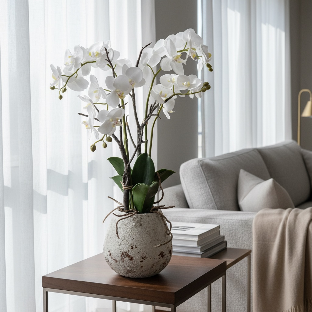 White Orchid in Stone Pot