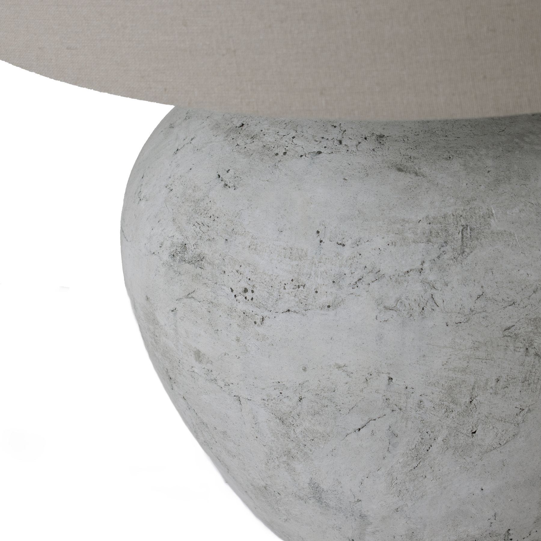 Close-up of a textured white base with a white lampshade.